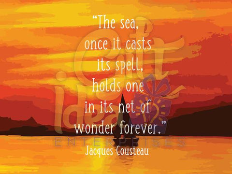 Sailboat Canvas Art - Beautiful Sailboat Crossing Ocean On Canvas With Jacques Cousteau Quote